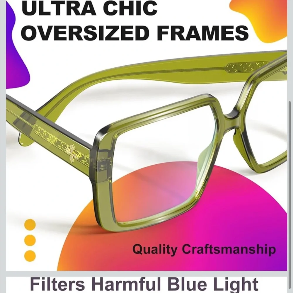 VISOONE Oversized TR90 Blue Light Blocking Glasses Chic Olive 💚 Square Glasses - Picture 3 of 5